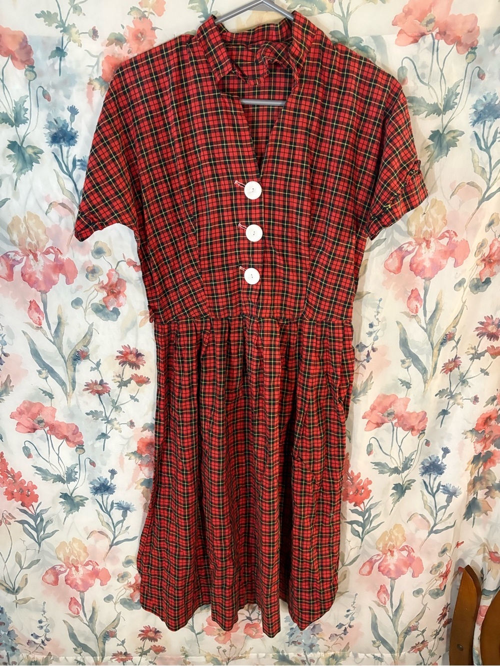Vintage Handmade Red Plaid Button Front Dress